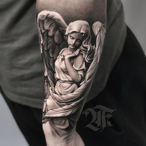 Angel Tattoo Sleeve For Men, Angel Tattoos For Guys, Angel Tattoo Men Arm, Guardian Angel Tattoo Sleeve, Roman Angel Tattoo, Angel Tattoo Realistic, Tattoos Of Angels, Angel Praying Tattoo, Guardian Angel Tattoo For Men