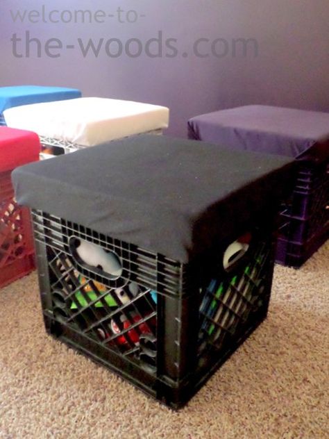 diy crate stools for toy storage, entertainment rec rooms, organizing, repurposing upcycling, storage ideas Crate Stools, Colorful Playroom, Diy Toy Storage, Leather Chaise, Milk Crate, Milk Crates, Simple Toys, Storage Stool, Organized Mom