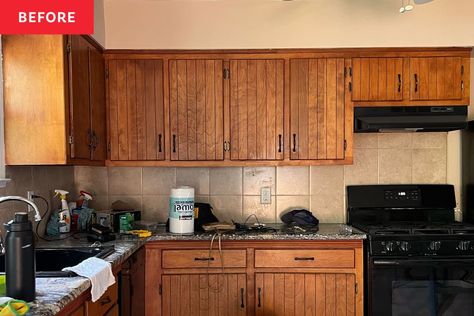 This home was built in the 1970s, and the kitchen was overwhelmingly brown. Credit: <a href="https://www.instagram.com/reel/CyAkz7Bu26a/?igsh=bTR5MzBoMXBpdjdp">Cherisse Blizard</a> 1970 Kitchen Cabinets, Old Wooden Kitchen Cabinets, 1970s Kitchen Cabinets Makeover, 1970 Kitchen Cabinets Makeover, Old Brown Kitchen Cabinets, Updating 70s House Kitchen, Update 1970s Kitchen Cabinets, 70s Style Kitchen Remodel, 1970s Kitchen Cabinets