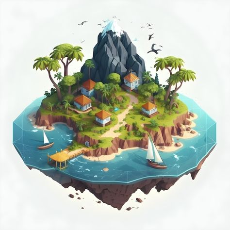 Isometric Island, Sky Island, Sea Pictures, Art Composition, Sea Photo, Retro Nostalgia, Psd Icon, Environment Design, Free For Commercial Use