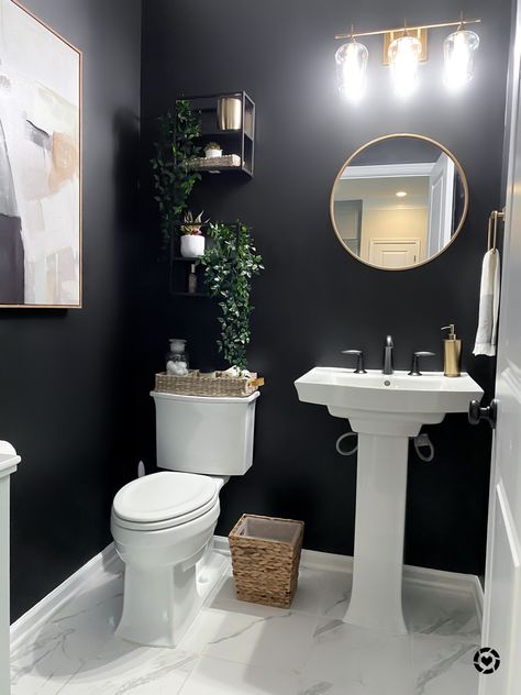 Half Bathroom Inspo Aesthetic, Half Bathroom Ideas Gold Accents, Half Bathroom Ideas Dark Paint, Black White Half Bathroom, Half Bathroom Luxury, Powder Room Ideas Dark Walls, Powder Room Black Wallpaper, Black Walls Half Bath, Dark Walls Half Bath