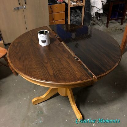 Do you have a furniture piece that has a great finish but the stain color is not what you want? Follow how I used a product that can change the color OVER an existing finish. Table before This round oak table had been refinished by the former owner so there was no need to strip, sand and restain BUT with a new gel stain from Fusion Mineral Paint I knew I could update the color without doing all that work. Here are many other dining table tutorials that were stripped and or painted.F… Stained Round Kitchen Table, Updating Amish Oak Dining Room Table Set, Java Gel Stain Dining Room Table, Gel Stain Dining Room Table, Dark Wood Round Table, How To Use Gel Stain Over Existing Stain, Gel Stain Kitchen Table, How To Sand And Stain A Table, Refurbished Round Kitchen Table