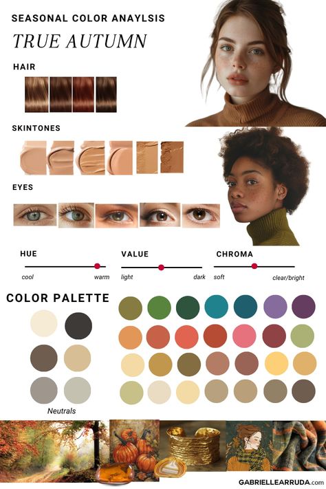 This easy and simple season color analysis for women will improve your look and style. Find your seasonal color palette that works best for your complexion. 12 season color analysis, winter, spring, autumn, and summer. Season color palettes and how to find out which season you are. Warm or cool undertones, hair tones, and eye color charts for each season color. clear spring, warm spring, light spring, light summer, cool summer, soft summer, soft autumn, warm autumn, deep autumn, deep winter, ... Autumn Makeup, True Autumn, Deep Autumn, Seasonal Color Analysis, Effortless Beauty, Soft Autumn, Color Analysis, Warm Autumn, Color Palettes