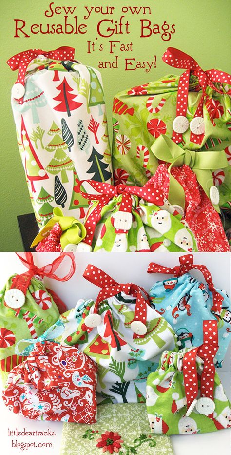 It's easy and fun to sew up these festive and reusable fabric gift bags! And almost as fast as wrapping a gift in paper. Cut down on the after Christmas trash this year! #christmascrafts #diychristmas #giftbag #fabricgiftbag #freetutorial #littledear Xmas Fabric Gift Bags, Christmas Fabric Bags Diy, How To Sew Fabric Gift Bags, Fabric Gift Wrap How To Make, Reusable Gift Bags Diy, Reusable Wrapping Ideas, Reusable Christmas Wrapping, Christmas Fabric Gift Bags, Reusable Fabric Gift Bags