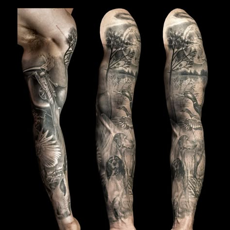 Hunting full sleeve tattoo for men part 1 by Steve Toth Hunting Tattoos Sleeve, Tattoos For A Sleeve, Duck Hunting Tattoos For Guys, Toth Tattoo, Owen Tattoo, Hunting Tattoos For Guys, Duck Hunting Tattoos, Kent Tattoo, Bow Hunting Tattoos