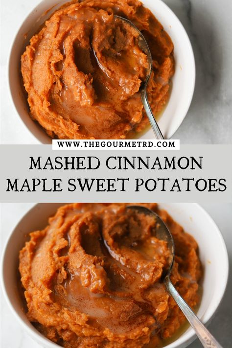 Two white bowls filled with mashed sweet potatoes. Sweet Potatoes Mashed Recipe, Roasted Mashed Sweet Potatoes, What To Make With Sweet Potatoes Dinners, Sweet Potatoes With Maple Syrup, Mashed Sweet Potato Recipes, Sweet Potato Nutrition Facts, Easy Mashed Sweet Potatoes, Sweet Potato Nutrition, Potato Nutrition Facts