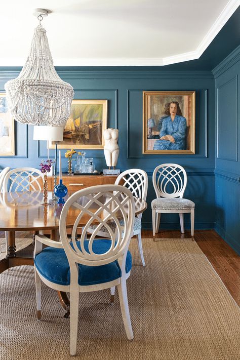 Looking for the Perfect Dark Blue Paint Color? Look No Further Than These Top Picks Inchyra Blue Dining Room, Dark Blue Dining Rooms, Blue Dining Room Inspiration, Dark Blue Trim Interior, Moody Blue Dining Room, Navy Blue Dining Room, Blue Dining Room, Dark Blue Dining Room, Blue Dining Room Walls