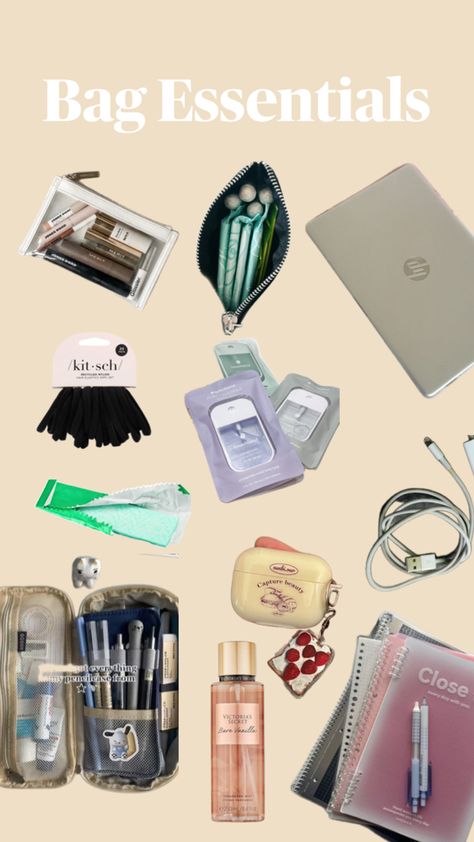 bagessentials bagessentialsaesthetic Bag Essentials Aesthetic, Overnight Bag Essentials, What's In My Purse, Backpack Essentials, Essentials Aesthetic, Bag Essentials, Bags Aesthetic, Fall Essentials, Essential Bag