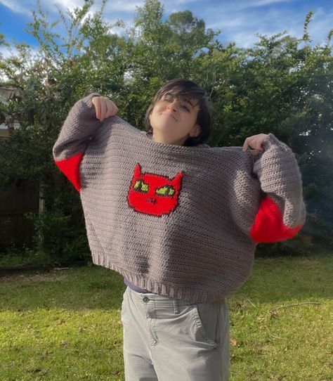 Marceline the Vampire Queen! Release your inner spooky half demon, but is still soft and cozy!  This sweater is handmade by me with 100% acrylic yarn and is a one size fits most. Disclaimer: this is not official Adventure Time merchandise and is purely inspired by Adventure Time Pattern Cred: @AutumnOliveCrochet Marceline Adventure Time Costume, Marceline Sweater Crochet Pattern, Crochet Marceline Sweater, Adventure Time Inspired Outfits, Marceline Sweater, Adventure Time Crochet Pattern, Adventure Time Sweater, Adventure Time Outfits, Adventure Time Pattern