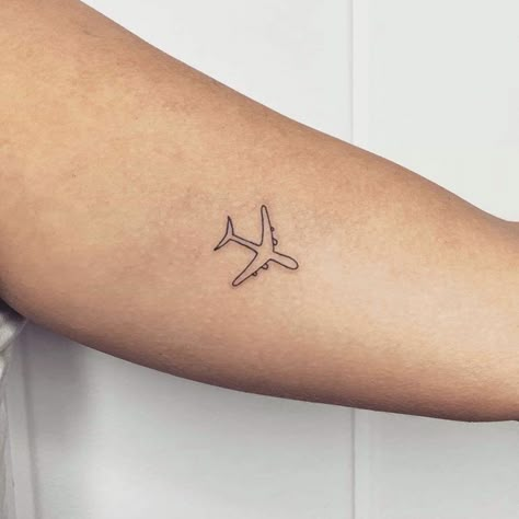 Fine line aeroplane tattoo Mini Aeroplane Tattoo, Dainty Plane Tattoo, Fine Line Tattoo Minimalist Travel, Tiny Aeroplane Tattoo, Plane Line Tattoo, Minimal Airplane Tattoo, One Line Plane Tattoo, Cute Plane Tattoos, Minimalist Plane Tattoo