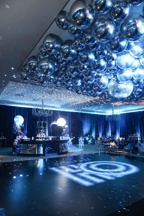 Disco Ball-filled Bat Mitzvah at Brae Burn Country Club in Westchester County, New York | Shedrack W. Design LLC | PartySlate Bat Mitzvah Themes Decor, Disco Ball Ceiling, Balloon Ceiling Decorations, Dance Floor Lighting, Bat Mitzvah Themes, Balloon Ceiling, Bat Mitzvah Ideas, Celestial Event, 30th Party