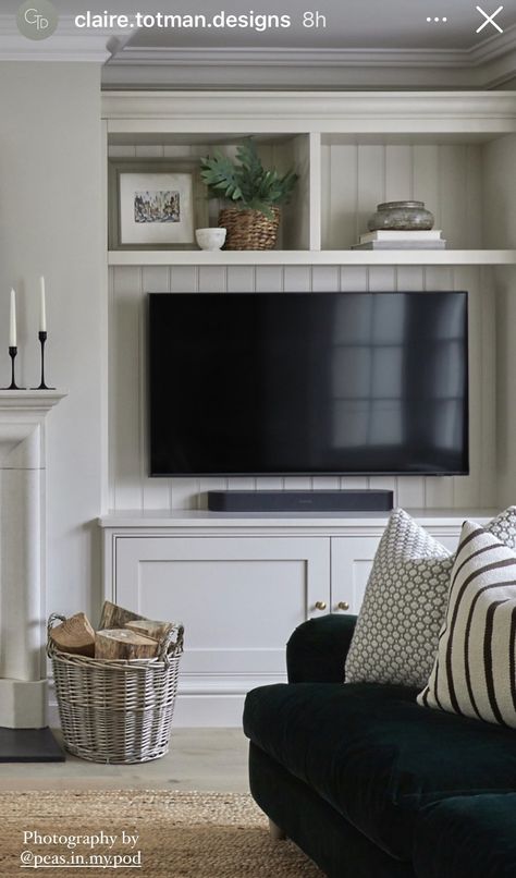 Living Room Fireplace Alcove Ideas, Built In Alcove Tv Unit, Tv Cottage Living Room, Fireside Shelving Living Rooms, Tv Unit In Alcove, Media Wall Alcove Ideas, Alcove Cupboards Tv, Alcove Shelving Living Room Tv, Log Burner And Tv Wall