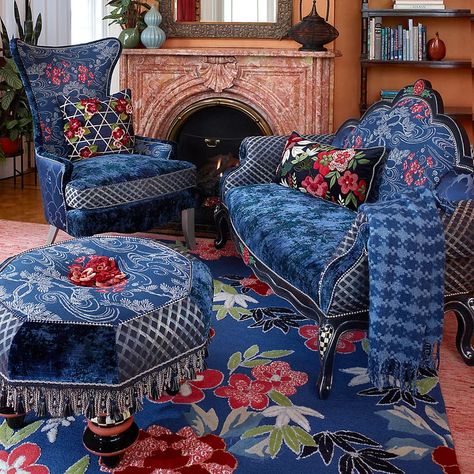 MacKenzie Childs Bluetopia 33" Wide Tufted Specialty Floral Cocktail Ottoman | Wayfair Mackenzie Childs Furniture, Mckenzie And Childs, Blue Fabrics, Fabric Crown, Rhapsody In Blue, Plum Blossoms, Cocktail Ottoman, Wing Chair, Mackenzie Childs