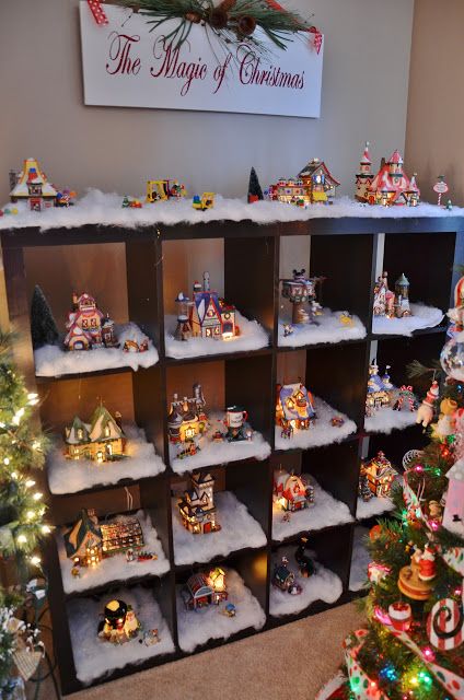 This one I like better than the ladders! Neat way to display a Christmas Village Christmas Village Display Ideas, Village Display Ideas, Xmas Village, Christmas Tree Village, Village Ideas, Diy Christmas Village, Storage Cube, Christmas Village Display, 25 Days Of Christmas