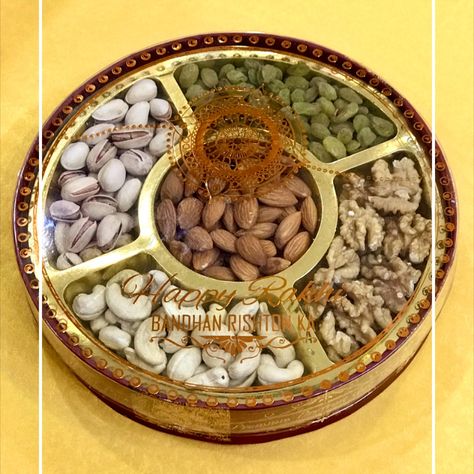 Rakhi Special Dry Fruit Gift Box Design - Round Printed Rigid Box with Golden Assortment Tray and Screen Printed Transparent Lid . Boxes 100% Designed & Manufactured in India #MadeInIndia . For more designs and customization, please reach us at 9811100268 Dry Fruit Box Design, Fruit Box Design, Box Design Ideas, Rakhi Special, Dry Fruit Box, Creative Diy Projects, Fruit Gifts, Dry Fruit, Box Designs