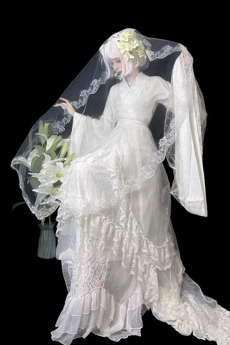 White Ethereal Outfit, Veil Reference, Angel Inspired Outfits, Angel Core Aesthetic Outfits, Angelic Clothing, White Gothic Dress, White Goth Aesthetic, White Victorian Dress, White Dress Aesthetic