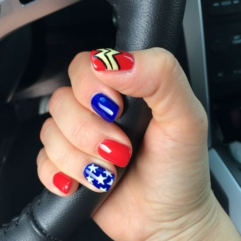 Wonder Woman Nail Art Wonder Woman Nails, Superhero Nails, Wonder Nails, Wonder Woman Birthday Party, Wonder Woman Party, Wonder Woman Birthday, Woman Birthday Party, Her Nails, Blue Nail