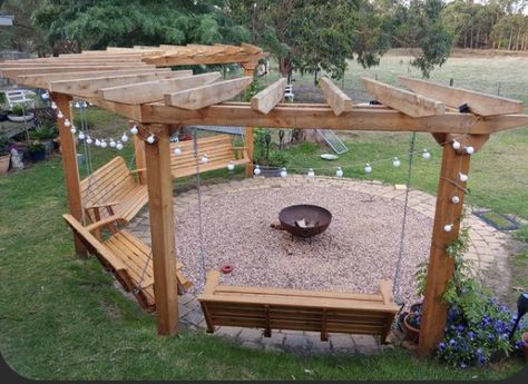 Fire Pit Pergola, Shabby Chic Patio, Chic Patio, Outdoor Fire Pit Area, Fire Pit Swings, Backyard Swings, Outdoor Fire Pit Designs, Gardening Guide, Fire Pit Landscaping