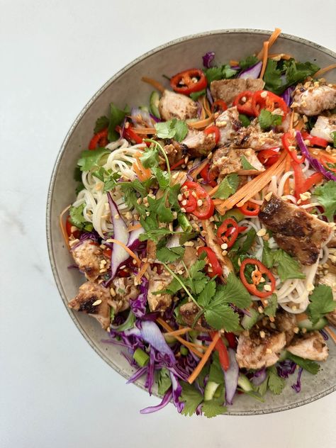 Wholesome by Sarah Satay Chicken Noodle Salad, Satay Chicken Salad, Chicken Satay Noodles, Satay Noodle Salad, Wholesome By Sarah, Satay Curry, Chicken Noodle Salad, Holistic Meals, Satay Chicken