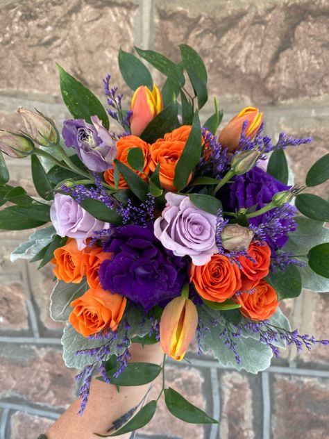 Orange And Purple Fall Wedding Bouquet, Purple Blue And Orange Wedding, Flowers For Purple Prom Dress, Purple Orange Green Bouquet, Flowers For Orange Prom Dress, Plum And Orange Wedding Bouquet, Burnt Orange And Purple, Purple And Orange Corsage, Orange Prom Flowers Bouquets