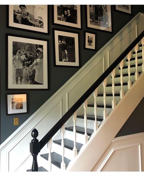 35 Gorgeous Black And White Stairs For A Classic Look White Landing And Stairs, Black Stairs Banister, Black And White Hand Railing, Hall Stairs And Landing Decor Ideas Victorian Hallway, Dark Blue Hallway And Stairs, Hallway Black And White Photos, Entrance Hall And Stairs Ideas, Traditional Staircase Ideas, Dark Staircase Walls