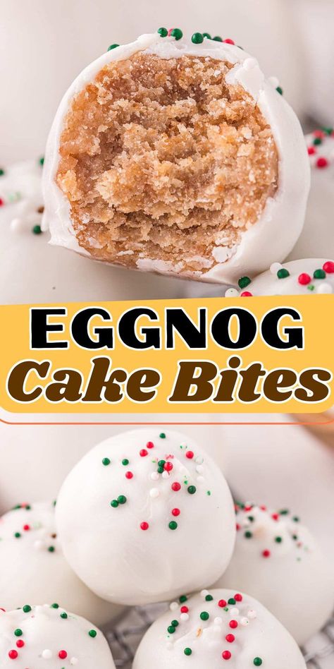 Eggnog Truffles Easy, Eggnog Cake Pops, Moms Flavorful Bites, Eggnog Cake Balls, Nilla Holiday Cake Bites, Egg Nog Baking Recipes, Eggnog Baking Recipes, Eggnog Snowball Cookies, Cake Mix Eggnog Cookies