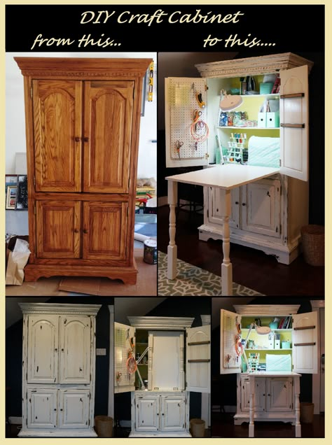 DIY craft cabinet from a $175 used TV armoire. DIY paint antiquing sewing cabinet plus a pull down sewing table. Craft Storage Diy, Armoire Diy, Craft Armoire, Craft Storage Cabinets, Fold Out Table, Craft Table Diy, Storage Center, Sewing Spaces, Craft Cabinet