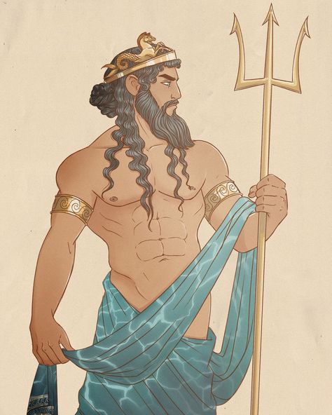 Greek Gods Poseidon, Roman And Greek Art, Posiden Art, Posiden Fan Art, Neal Illustrator Poseidon, Poseidon Epic, Poseidon Painting, Greek God Poseidon Art, Poseidon Fanart