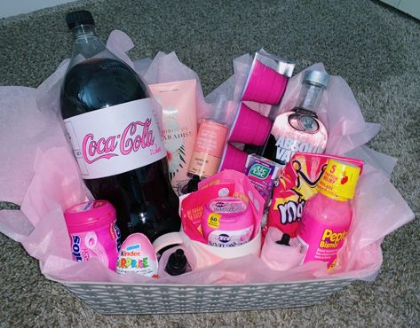 Hot Pink Gift Basket, Pink And Purple Gift Basket, Color Party Ideas For Adults Pink Basket, Color Themed Gift Baskets Pink, Pink Birthday Gift Basket, Pink Themed Gift Basket, Pink Basket Gift Ideas, Barbie Gift Basket, Pink Gift Basket Ideas