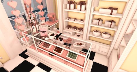 Bloxburg Cash Register, Bloxburg Candy Shop, Bloxburg Bakery Layout, Bloxburg Cafe Interior, Bloxburg Bakery, Bloxburg Store Ideas, Bloxburg Food Decals, Interior Concept Art, Blocksburg Room Ideas￼