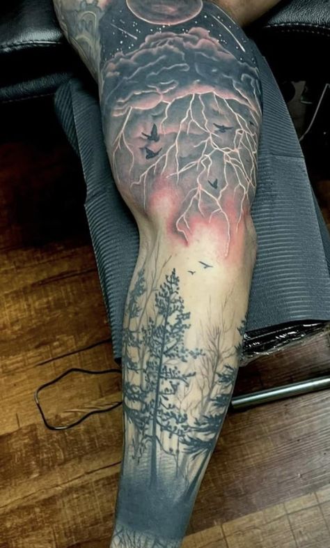 Men’s Calf Sleeve, Forrest Tattoo Forearm Men, Nature Leg Tattoo Men, Leg Animal Tattoo, Storm Tattoo Sleeve, Mens Nature Tattoo Sleeve, Storm Tattoo Men, Black Coverup Tattoo, Outdoors Tattoo For Men