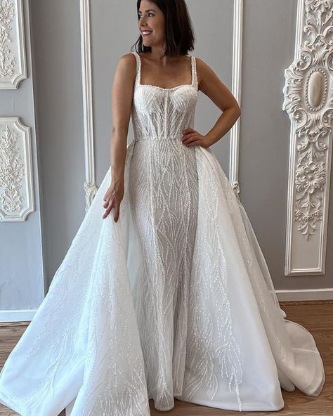 Blanche on Instagram: "A R I A Our latest superstar with the option of adding a detachable overskirt for a second, grand look! 🤍 Have a wonderful day, brides-to-be!" Mermaid Wedding Dress With Overskirt, Wedding Dress With Overskirt, Blanche Bridal, Beaded Square, Have A Wonderful Day, Italian Wedding, Wonderful Day, Mermaid Wedding, Dream Dress