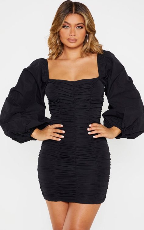 Puff Sleeve Black Dress, Puffy Sleeve Dress, Black Balloon, Long Sleeve Ruffle Dress, Balloon Sleeve Dress, Black Dress With Sleeves, Black Balloons, Ruched Bodycon Dress, Long Sleeve Print Dress