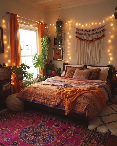 Boho Maximalist Bedroom, Small Boho Bedroom Ideas, Orange Boho Bedroom, Hippie Bedroom Aesthetic, Boho Bedroom Wall Decor, Hippie Bedroom Decor, Maximalist Bedroom, Cozy Boho Bedroom, 2024 Bedroom