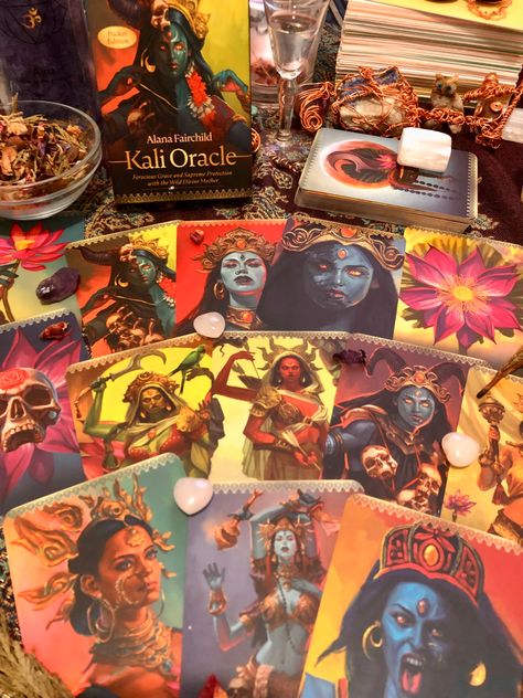 A scattered array of ferocious and beautifully illustrated Kali cards. Each one containing a unique and beautiful painting of Kali. Kali Oracle Card, Kali Oracle, Tarot Cards Meaning, Cards Meaning, Goddess Kali, Hindu Goddess, Kuan Yin, Oracle Deck, Pocket Edition