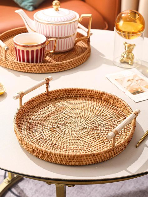 1pc Round Rattan Tray With Double Handle, Round Snack Tray For HouseholdI discovered amazing products on SHEIN.com, come check them out! Bamboo Kitchen Decor, Rattan Tray Decor, Boho Dinnerware, Basket Tray Decor, Round Rattan Tray, Picnic Bday, Kitchenware Ideas, Home Utensils, Crockery Design