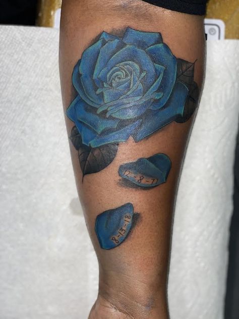 Blue Rose Blue Tattoos On Brown Skin, Tattoos On Brown Skin, Blue Ink Tattoos, Blue Rose Tattoos, Blue Tattoo, Memorial Tattoo, Rose Tattoos, Tattoo Inspo, Tattoo Idea