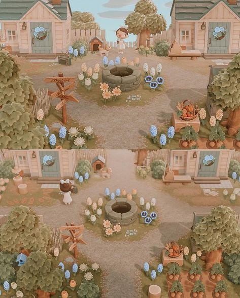 Acnh Villager Yard Ideas Natural, Acnh Culdesac Layout, Acnh Shopping District Ideas Cottagecore, Pergola Acnh, Acnh Greenhouse Ideas, Spring Animal Crossing, Animal Crossing Spring, Cottagecore Town, Spring Acnh