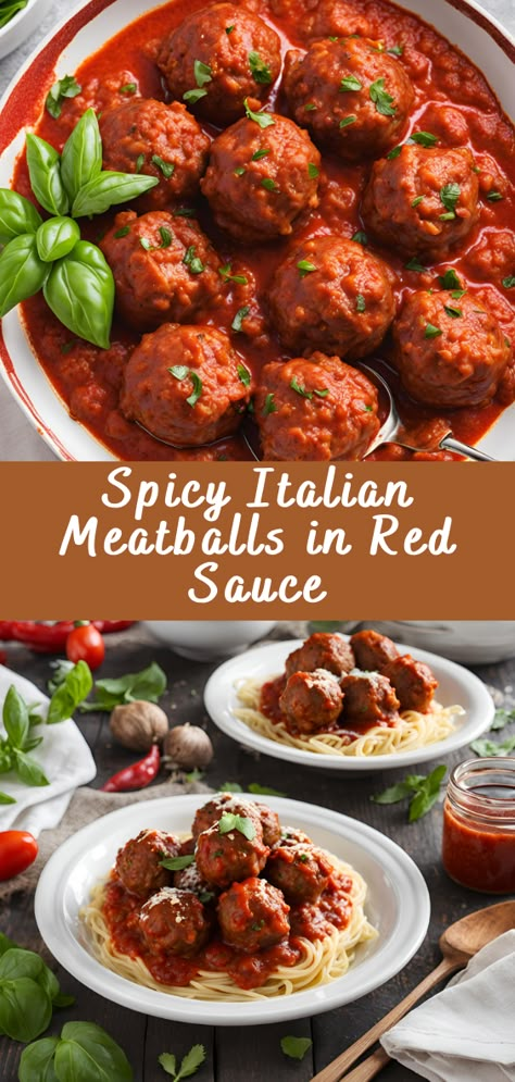 Spicy Italian Meatballs in Red Sauce | Cheff Recipes Spicy Spaghetti And Meatballs, Meatball Red Sauce Recipes, Spicy Italian Meatball Recipes, Sauce For Italian Meatballs, Spicy Meatball Sauce, Spicy Meatball Recipes, Pasta And Meatballs Recipes, Italian Meatball Sauce, Sicilian Meatballs Recipe