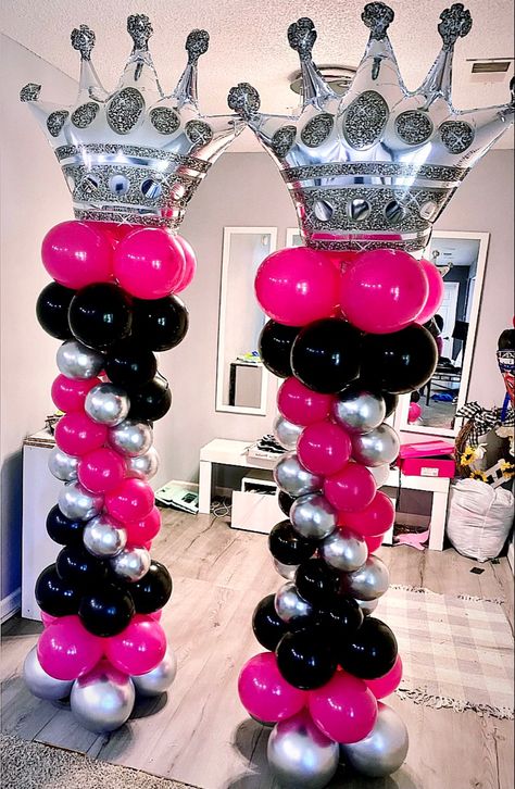 Pink Balloon Columns, Sweet 16 Balloon Columns, Balloon Tower Ideas, 2000s Birthday Party Theme, Prom Backdrops, Pink Party Theme, Balloon Tower, 16 Balloons, 50 Balloons