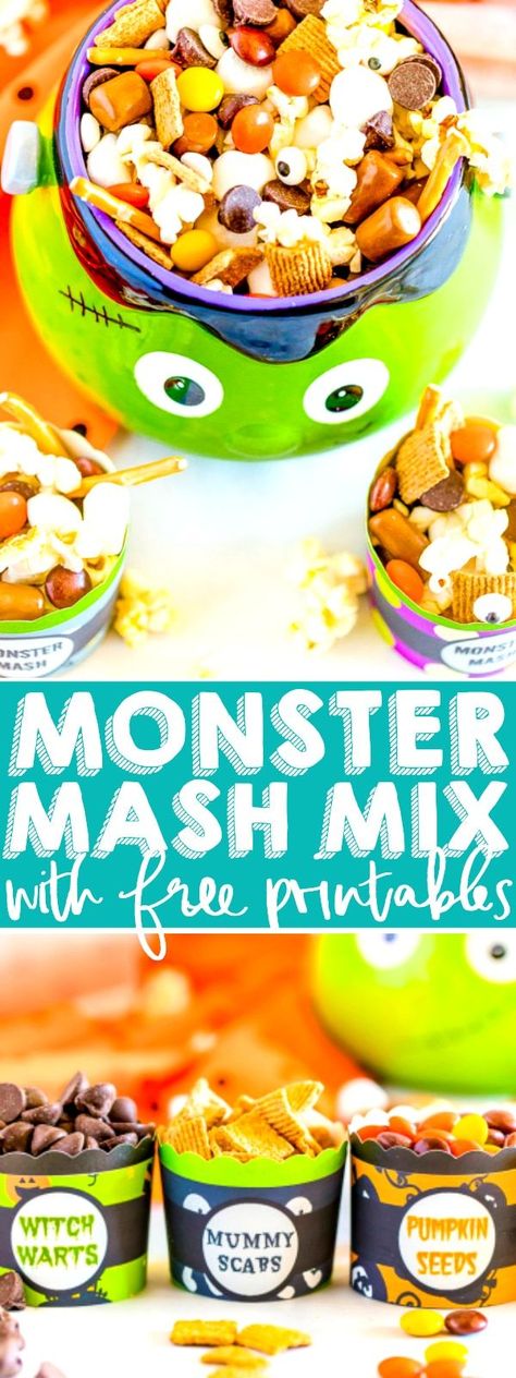 Halloween Trail Mix Recipe, Halloween Treat Table, Nerd Recipes, Halloween Trail Mix, Monster Snacks, Make Your Own Monster, Halloween Snack Mix, Monster Treats, Cupcake Cups