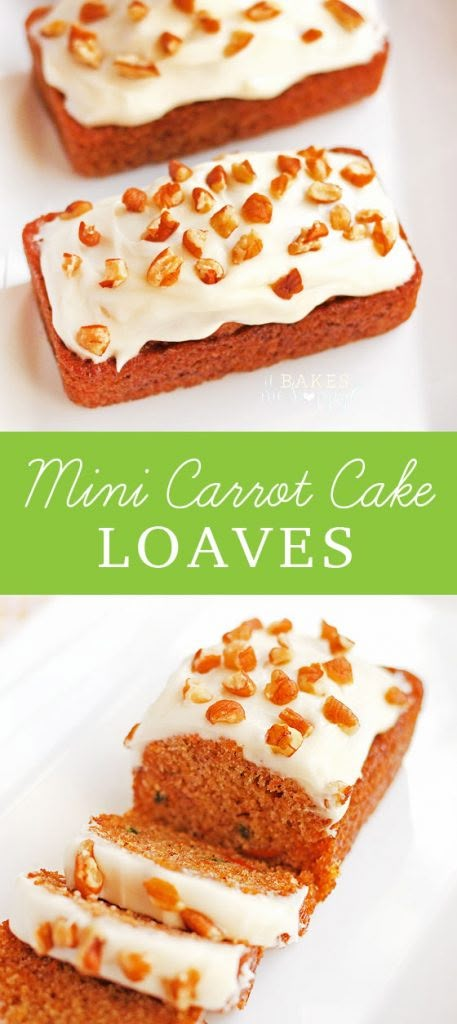 Mini Carrot Cake Loaves - It Bakes Me Happy Recipe Cream Cheese Frosting, Mini Loaf Recipes, Mini Loaf Pan Recipes, Mini Breads, Mini Loafs, Loaf Pan Recipes, Carrot Cake Topping, Dessert Spring, Cake Loaves