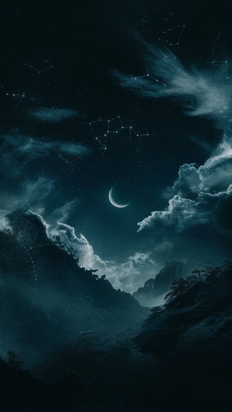 Dive into the allure of the night with this high-definition dark wallpaper featuring a vast starry sky in deep navy and black shades. Ethereal wispy clouds, a glowing crescent moon, and silhouetted mountains create an enchanting scene. Intricate fractal patterns add depth, making this wallpaper perfect for lovers of mystery and celestial beauty. Perfect for desktop and mobile backgrounds. Keywords: dark wallpaper, HD, night sky, starry background, celestial. Two Sided Wallpaper, Tech Wallpaper Aesthetic, Wallpaper Backgrounds Space, Night Theme Wallpaper, Cloud And Moon Wallpaper, Night Themed Wallpaper, Celestial Aesthetic Wallpaper, Wallpaper Mysterious, Nighttime Wallpaper