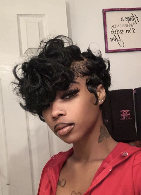 Finger Waves Mullet, Half Head Shaved Hairstyles, Betty Boop Pixie Cut, Toni Braxton Short Hair 90s Pixie Cuts, Pixie Mullet Black Women, Mid Length Pixie Haircut, Black Wavy Short Hair, Mushroom Pixie Cut Black Women, Shorts Haircuts For Women