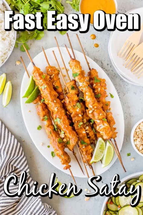 This Fast Easy Oven Chicken Satay will be on your table along with two sides in 30 minutes. The yummy satay recipe with a peanut dipping sauce will fast become a new family favorite. Chicken Skewers In Oven, Chinese Chicken Noodle Soup, Easy Chicken Sandwich, Chicken Satay With Peanut Sauce, Chicken Satay Skewers, Chicken Satay Recipe, Satay Recipe, Peanut Dipping Sauce, Chicken Skewer Recipe