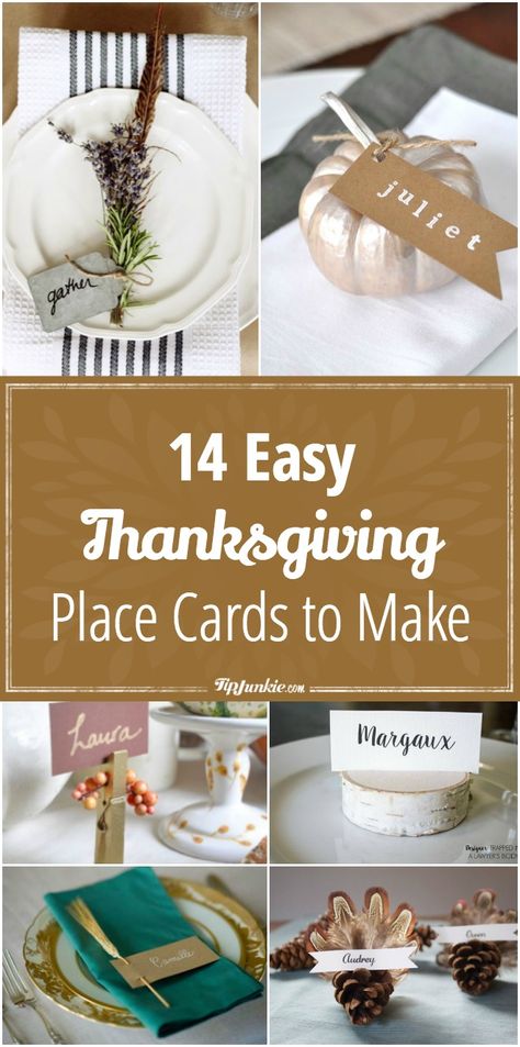 14 Thanksgiving Easy Place Cards to Make via @tipjunkie Cute Thanksgiving Place Cards, Thanksgiving Table Name Tags Diy, Homemade Thanksgiving Place Cards, Easy Place Cards, Thanksgiving Placecards Ideas Diy, Diy Thanksgiving Name Place Cards, Thanksgiving Name Cards Place Settings, Thanksgiving Place Cards Cricut, Thanksgiving Placecard Ideas