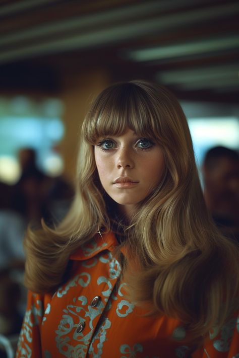 Woman with long straight blonde hair with bangs, vintage makeup, 1970s 70s Make Up And Hair, 60s Hair Blonde, 80s Hair Straight, 1970s Long Hair, 70s Hair With Bangs, 1970s Editorial, 70s Hair Bangs, 70s Hair Women, 1970s Bangs