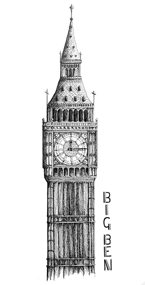 This high-quality print is made from my original pen drawing of a view of the iconic Big Ben, London.  The image is printed on A4 archival matte paper (189sgm). The frame is not included.  Signed on the reverse. This print will be carefully packaged in a clear presentation bag and hard backed envelope to avoid damage in the post. All of my prints are copyright protected.  Please feel free to message me if you have any questions.  Thank you for visiting. If you like what you see, please take a lo London Outline Drawing, London Sketch Draw, Big Ben Dibujo, London Drawing Sketches, Big Ben Sketch, Big Ben Illustration, London Art Drawing, Landmark Drawing, Big Ben Tattoo