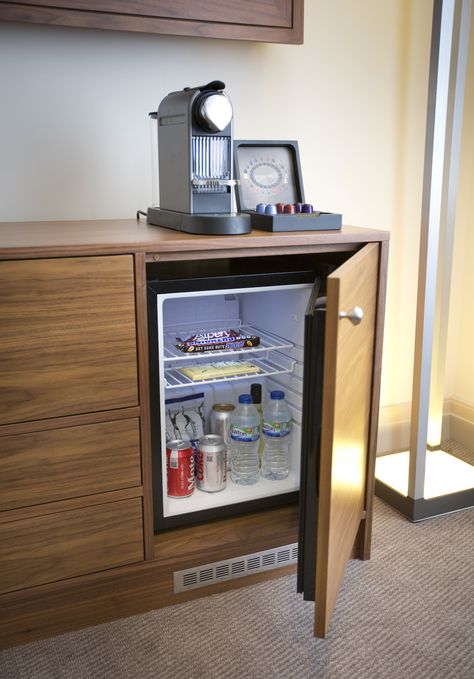 Hotel Room Fridge Cabinet, Hotel Minibar Cabinet, Mini Bar Bedroom Ideas, Home Office Fridge, Bedroom Mini Bar Ideas, Office With Mini Fridge, Mini Bar In Bedroom Master Suite, Mini Fridge Cabinet Bedroom, Mini Fridge Built In