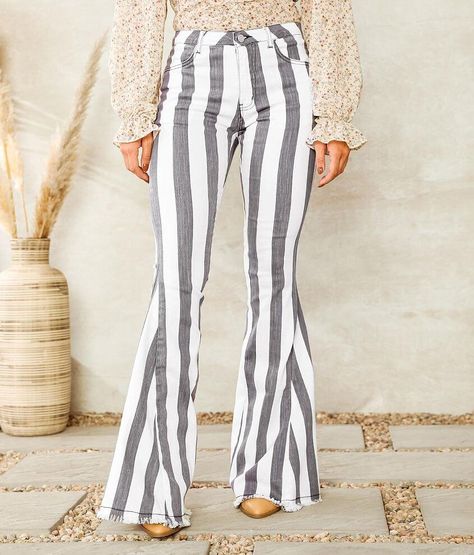 Saints & Hearts High Rise Extreme Flare Jean - Women's Jeans in Striped | Buckle Edgy High-waist Bottoms With Frayed Hem, Bohemian High Rise Fitted Jeans, Striped Boot Cut Jeans, Casual High-waist Jeans With Fringe, Bell Bottom Jeans Striped, Casual Boho Outfits, Boho Jeans, Stripe Outfits, Striped Jeans